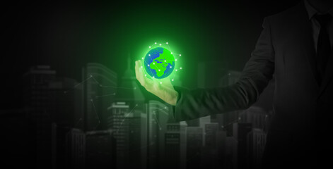 Global Warming and Climate Change Threat Concept Background with Glowing Earth. Save the Earth Backdrop with green glowing globe