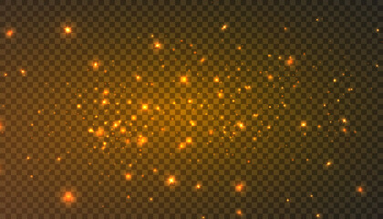 Golden glitter of light. Defocused particles. Isolated on black. Overlay. Vector 10 eps