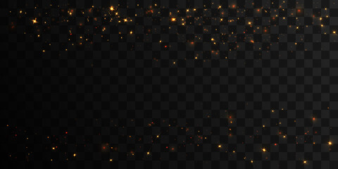 Golden glitter of light. Defocused particles. Isolated on black. Overlay. Vector 10 eps