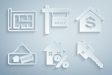 Set House with percant, dollar, Hanging sign Sold, key, For Rent and plan icon. Vector