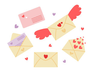 Vector doodle set with envelopes. Cute letters. Valentine's day cliparts. Open envelope and envelope with wings. Postcards.