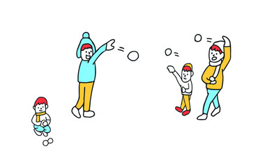 雪合戦を楽しむ親子のイラスト