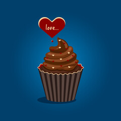 chocolate cupcake with hearts on blue background