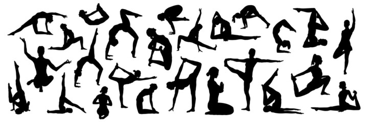 Yoga silhouettes. Collection of poses Asana set. Vector illustration