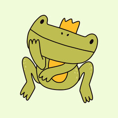 Prince frog. Cute cartoon doodle toad wearing crown like a princess. Funny character for stickers, kids wearing, other trendy designs.