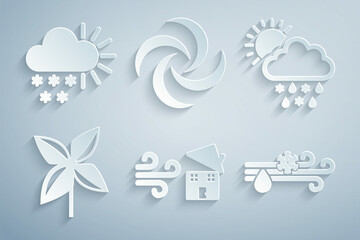 Set Tornado swirl, Cloud with snow, rain, sun, Pinwheel, Wind and, and Cloudy icon. Vector