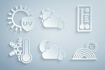 Set Thermometer and cloud, moon, Meteorology thermometer, with snowflake, Rainbow sun, and UV protection icon. Vector