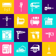 Set Vacuum cleaner, Rotary hammer drill machine, Air compressor, Electric jigsaw, construction stapler and Construction jackhammer icon. Vector