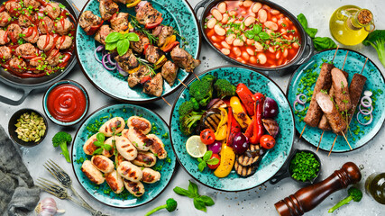 Food background. Set of traditional Turkish and Oriental cuisine. Set of meat and vegetable dishes...