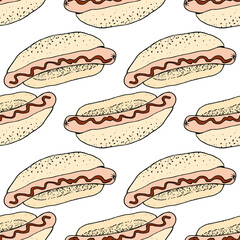 hot dog pattern in color. a seamless pattern of a sausage bun drawn in sketch style with red ketchup sauce, often on white for a design template. vector street fast food