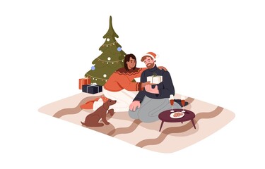 Love couple celebrate Christmas at home with Xmas tree. Happy woman giving holiday gift, presenting surprise to man at romantic New Year dinner. Flat vector illustration isolated on white background