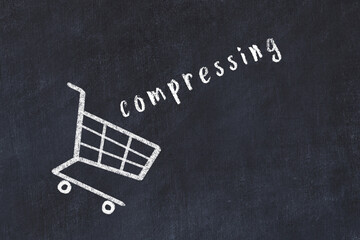Chalk drawing of shopping cart and word compressing on black chalboard. Concept of globalization...