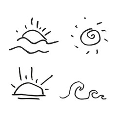 Sea sunset,wave drawing outline vector design elements set