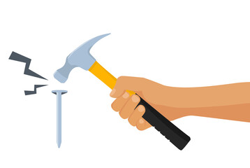 Man hammers in the nail isolated on white background.