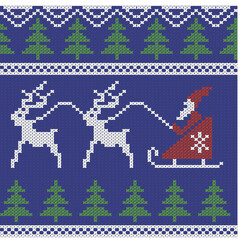 Fototapeta na wymiar Santa on sleigh, deers, seamless cross stitch pattern, vector illustration