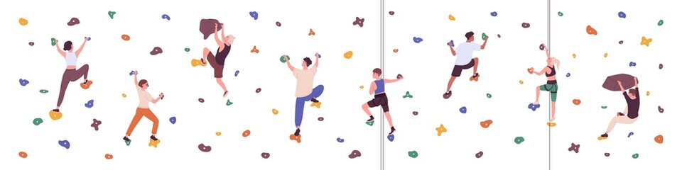 People climbing up indoor in bouldering park. Climbers training on stone wall, artificial mountain with rocks. Men and women in extreme gym. Flat vector illustration isolated on white background - obrazy, fototapety, plakaty