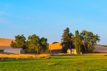 Farm house on wheat field at sunset, Palouse, Washington State, USA