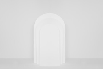 Modern minimal abstract stage mockup for presentation cosmetic product, goods, design, advertising with white rectangle rounded arches in sunlight in simple geometric elegant style.