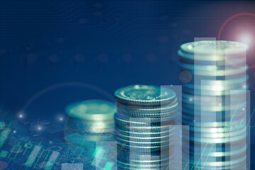 Finance and business concept. Investment graph and rows growth of coins on table, Bit , BTC , coin, crypto,Golden coins, Metaverse  blue color tone.