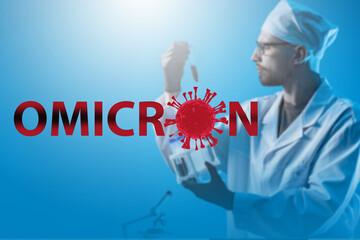 Omicron coronavirus variant. Novel Covid 19 Corona Virus Strain. Omicron logo on medical background...