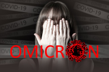 Omicron danger. SARS-CoV-2 Coronavirus Variant Omicron. Frightened woman covers her face with her...