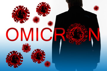 Omicron title on the background of the flag of South Africa. Dangerous coronavirus molecules....