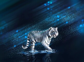 Fototapeta White tiger on a beautiful sparkling blue background obraz