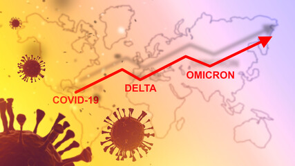 Omicron growth chart. Increase in COVID-19 infections. Increased deaths from coronavirus pandemic. World map with bacteria SARS-CoV-2. Delta plus fever strain. Omicron viruses. 3d rendering.