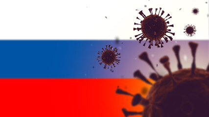 Option COVID-19 Omicron in Russia. Pandemic "Delta Plus" background. SARS-CoV-2 virus in front of flag of Russian Federation. Pandemic strain Omicron. New COVID lockdown in Russia. 3d rendering.