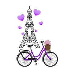 Fototapeta premium eiffel tower, bike with flowers in basket and purple balls, vector illustration.