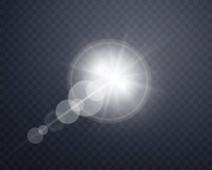 Silver sunlight lens flare, sun flash with rays and spotlight. Glowing burst explosion on a transparent background.