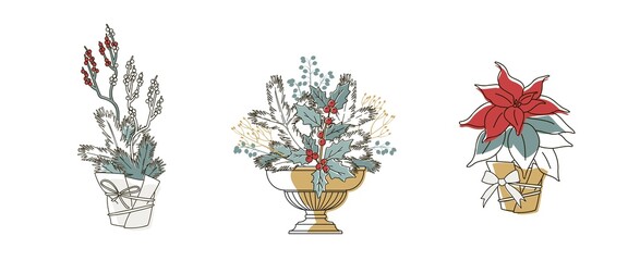 Natural forest bouquets pots and vases set for Christmas decoration. Floral arrangements. Evergreens, conifers, berries, leaves, thorns, cones. Vector linear hand drawn color illustration