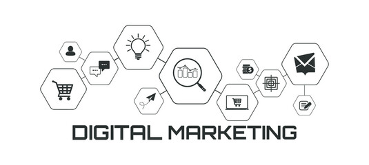 digital marketing icons on white background	
