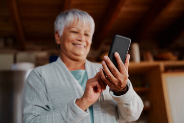 Smiling multi-cultural elderly female reading a message on smartphone while standing in modern kitchen.