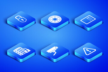 Set Exclamation mark in triangle, Lock, Security camera, Server security with lock, Safe and icon. Vector