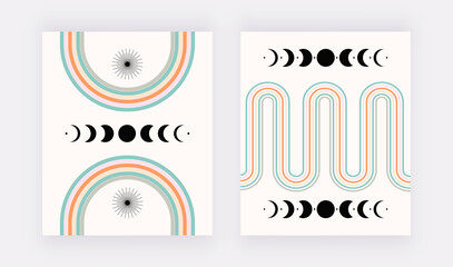 Retro wall art prints with colorful rainbows and moon celestial