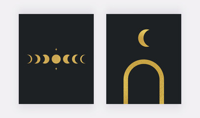 Golden moon celestial and arch on the black backgrounds. Vector wall art prints
