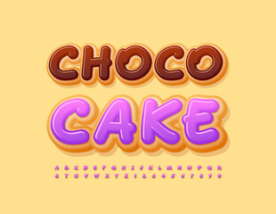 Vector artistic sign Choco Cake with handwritten style Font. Tasty Alphabet Letters and Numbers set