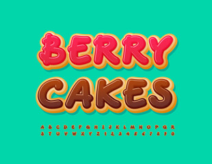 Vector tasty sign Berry Cakes. Choco glaze Font. Sweet set of handwritten Alphabet Letters and Numbers