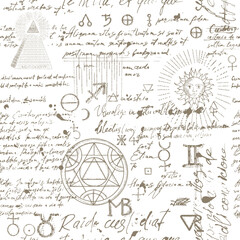 Seamless esoteric pattern. Alchemy, magic, witchcraft and mysticism are esoteric symbols. Background from a manuscript with occult sketches and careless handwritten text in retro style