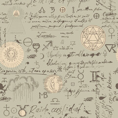 Seamless esoteric pattern. Alchemy, magic, witchcraft and mysticism are esoteric symbols. Background from a manuscript with occult sketches and careless handwritten text in retro style - obrazy, fototapety, plakaty