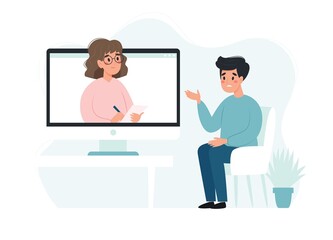 Psychotherapy online - man talking to psychologist on the screen. Mental health concept, vector illustration in flat style