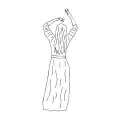 Girl in a long dress and with long hair is dancing with her hands up. Black and white vector isolated illustration contour hand drawn. Beauty and femininity in movement