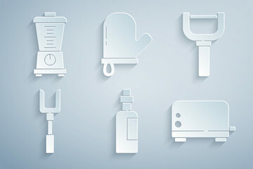 Set Bottle of olive oil, Peeler, Barbecue fork, Toaster, Oven glove and Blender icon. Vector