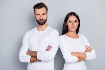 Photo of charming confident young brother sister dressed white shirts arms folded isolated grey color background