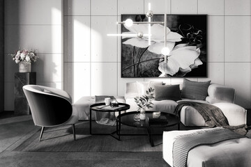 Cute Sitting Group Inside a Modern Style Apartment With Artwork - black and white 3D Visualization