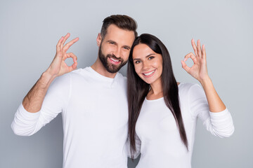 Portrait of attractive cheerful couple hugging showing ok-sign ad advert agree trust isolated over grey pastel color background