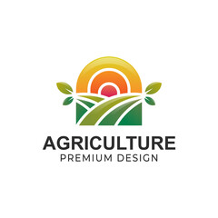 eco green farm circle plant logo. agriculture farmer garden with sun nature linear logo design vector template