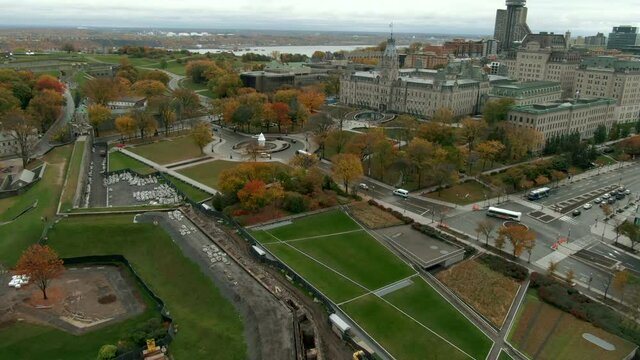 Flyover Fontaine de Tourny Next To Parliament Building In The Old Town Of Quebec City, Canada. Aerial Drone