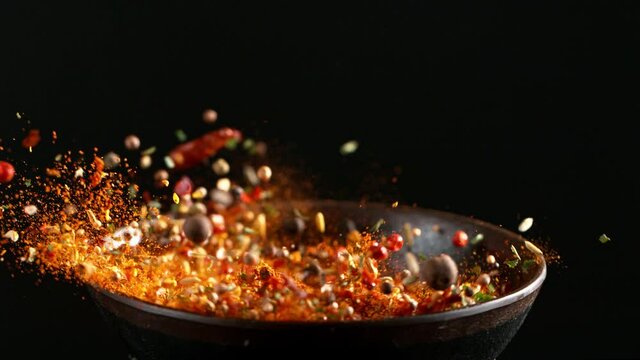 Super slow motion of crushing spice mix in grinder. Filmed on high speed cinema camera, 1000 fps.